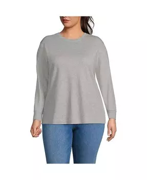 Плюс размер Хлопковая футболка с длинными рукавами интерлок с круглым вырезом Lands' End, серый