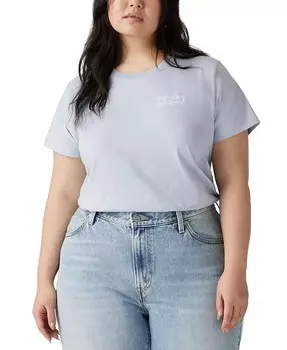 Плюс размер Идеальная хлопковая футболка с цветочным логотипом Holmes Levi's, синий