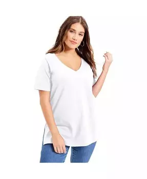 Плюс размер, июнь + одна туника с короткими рукавами и V-образным вырезом + только туника June + Vie, белый
