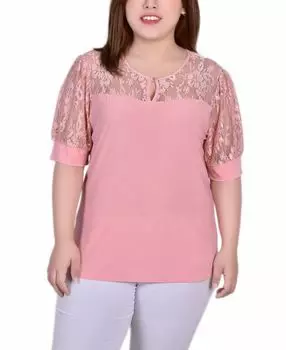 Плюс размер короткий топ с объемными рукавами, кружевными рукавами и кокеткой NY Collection, мульти