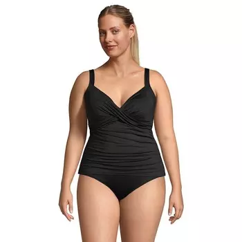 Плюс размер Lands' End Bust Enhancer UPF 50 Купальник-танкини с V-образным вырезом Топ, черный