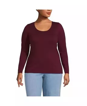 Плюс размер Легкий трикотаж Футболка с круглым вырезом и длинными рукавами Lands' End, красный