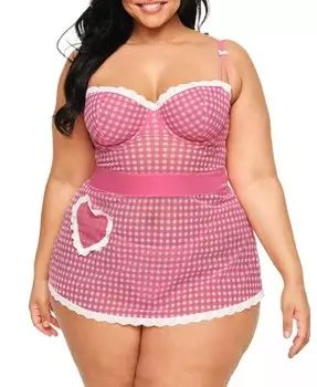 Плюс размер Lola Фартук Babydoll и стринги Комплект нижнего белья Adore Me, розовый