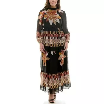 Плюс размер Maison Tara Mockneck Вычурное платье макси с цветочным принтом, цвет Black Taupe