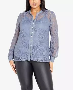 Плюс размер Нефритовый кружевной топ-рубашка с длинными рукавами Avenue, синий