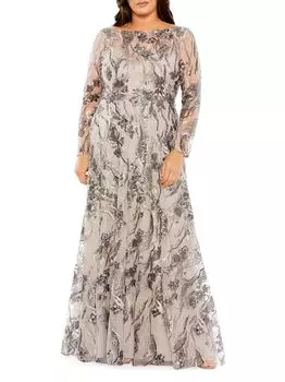 Плюс размер Платье А-силуэта с длинными рукавами и вышивкой Mac Duggal
