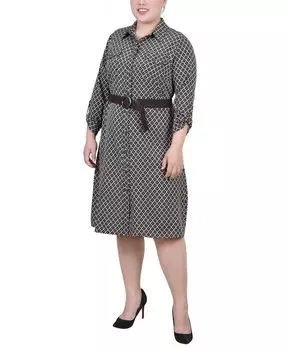 Плюс размер платье-рубашка с отворотами на рукавах 3/4 NY Collection, мульти