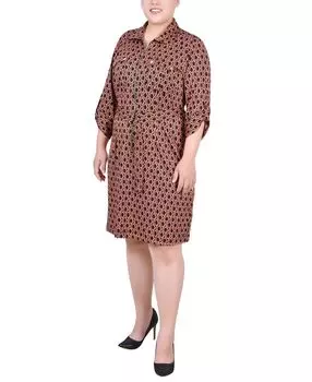 Плюс размер платье-рубашка с поясом и молнией спереди NY Collection, мульти