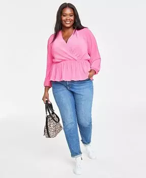 Плюс размер Pliss Топ с баской и вырезом Surplice On 34th, розовый