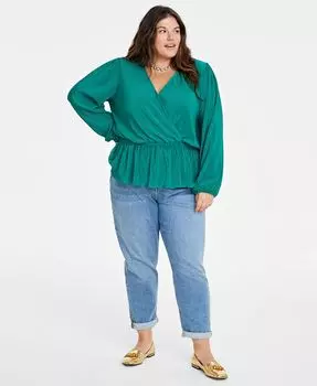 Плюс размер Pliss Топ с баской и вырезом Surplice On 34th, зеленый