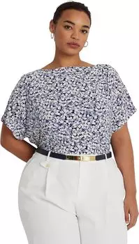 Плюс размер Плиссированная футболка из эластичного джерси с цветочным принтом LAUREN Ralph Lauren, цвет Blue/Cream/Pink