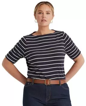 Плюс размер полосатая хлопковая футболка с вырезом лодочкой Lauren Ralph Lauren, мульти