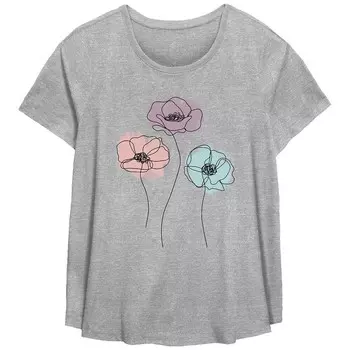 Плюс размер Пятое солнце Пастельная линия Нарисованные цветы Круглый вырез Футболка с рисунком Fifth Sun, цвет Heather Gray