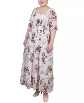 Плюс размер присборенное платье макси с короткими рукавами NY Collection, мульти