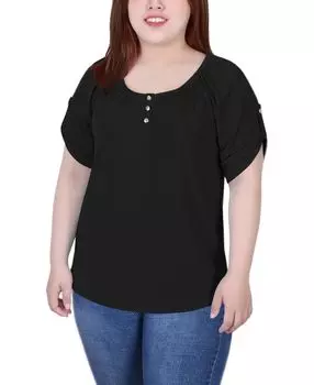 Плюс размер с короткими рукавами круглый вырез henley top NY Collection, черный