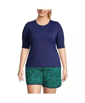 Плюс размер с круглым вырезом Rash Guard UPF 50 Солнцезащитная футболка для плавания Lands' End, синий