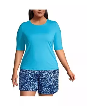 Плюс размер с круглым вырезом Rash Guard UPF 50 Солнцезащитная футболка для плавания Lands' End, синий