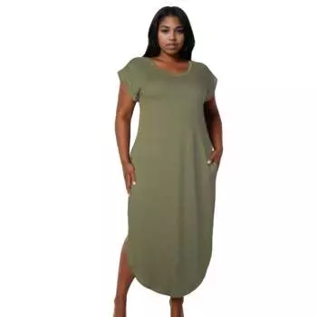 Плюс Размер Скрытый Карман Рукав Летучая Мышь V Вырез Длинное Платье FASHNZFAB, оливковый