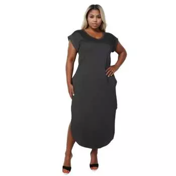 Плюс Размер Скрытый Карман Рукав Летучая Мышь V Вырез Длинное Платье FASHNZFAB, черный