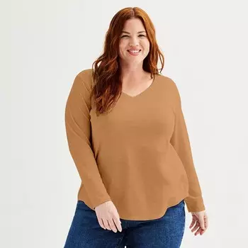 Плюс размер Sonoma Goods For Life Повседневная футболка с длинными рукавами и v-образным вырезом, цвет Tosa Brown