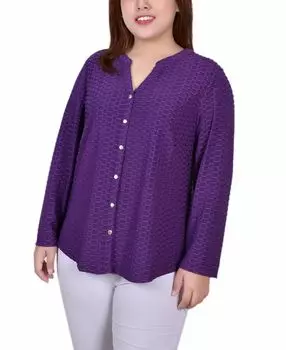 Плюс размер сотовый топ с длинными рукавами NY Collection, фиолетовый