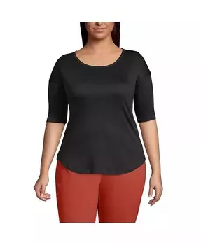 Плюс размер Supima Микро модальный топ с балетным вырезом и изогнутым подолом с рукавами до локтя Lands' End, черный