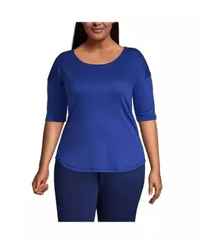 Плюс размер Supima Микро модальный топ с балетным вырезом и изогнутым подолом с рукавами до локтя Lands' End, синий