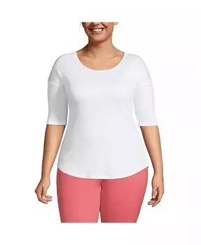 Плюс размер Supima Микро модальный топ с балетным вырезом и изогнутым подолом с рукавами до локтя Lands' End, белый