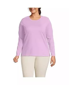 Плюс размер Свободная футболка Supima из хлопка с длинными рукавами и круглым вырезом Lands' End, розовый