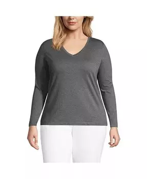 Плюс размер Свободная хлопковая футболка Supima с длинными рукавами и v-образным вырезом Lands' End, серый