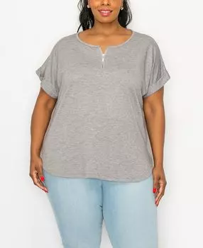 Плюс размер Топ на молнии спереди с закатанными рукавами COIN 1804