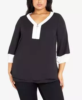 Плюс размер Топ-рубашка Melinda с v-образным вырезом и молнией спереди Avenue, черный