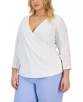 Плюс размер топ с искусственным запахом и рукавами 3/4 с люверсами Kasper, мульти