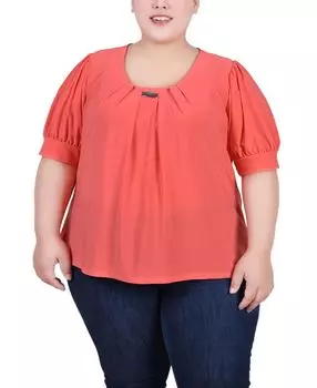 Плюс размер топ с короткими рукавами-фонариками и фурнитурой NY Collection, мульти