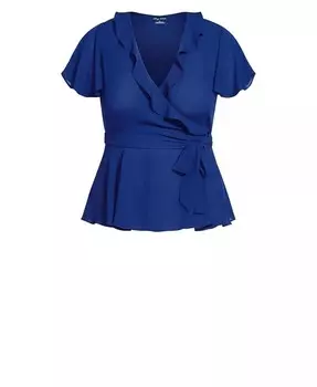 Плюс размер Топ с короткими рукавами и оборками с запахом CITY CHIC, синий