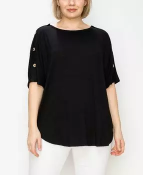 Плюс размер Топ с короткими рукавами и пуговицами на плечах COIN 1804, черный
