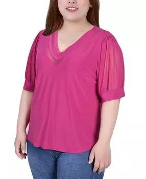 Плюс размер топ с короткими рукавами и v-образным вырезом NY Collection, мульти