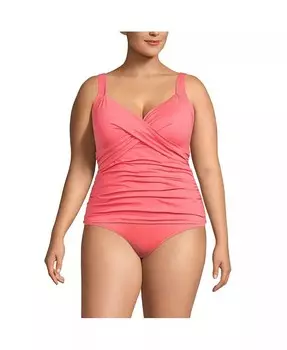 Плюс размер устойчивый к хлору купальник-танкини с v-образным вырезом и запахом на косточках, верх, регулируемые бретели Lands' End, розовый