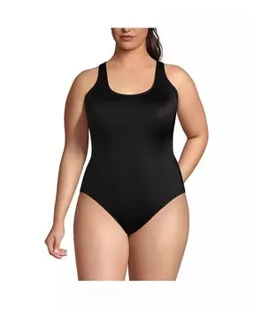 Плюс размер Устойчивый к хлору X-Back Высокий крой Мягкая чашка Спортивный цельный купальник без корсета Lands' End, черный