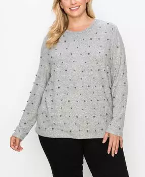 Плюс размер уютный топ с длинными рукавами и искусственным жемчугом из бронзы COIN 1804, мульти