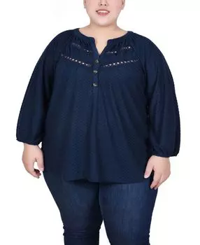 Плюс размер вязаная блузка с длинными рукавами NY Collection, синий