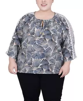 Плюс размер вязаная крючком блузка с рукавами 3/4 NY Collection, мульти