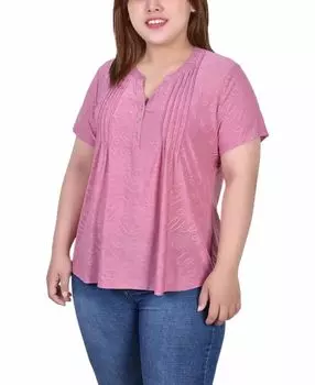 Плюс размер жаккардовый вязаный топ с короткими рукавами и y-образным вырезом NY Collection