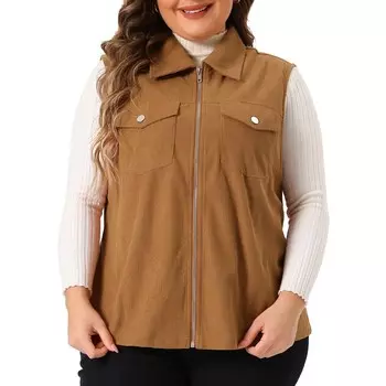Плюс размер жилет для женщин вельвет без рукавов с лацканами на молнии легкие жилеты куртка Agnes Orinda, коричневый