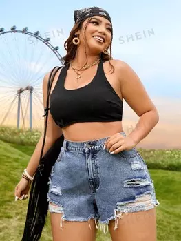 Plus Рваные джинсовые шорты Shein, светло-голубой