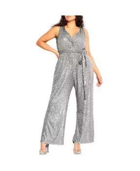 Плюс сайз Блестящий комбинезон с широкими брючинами CITY CHIC, серебряный