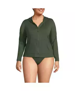 Плюс сайз худи с длинными рукавами и молнией на всю длину для защиты от солнца UPF 50 Lands' End, зеленый