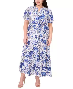 Плюс сайз платье макси с пышными рукавами и застежкой на пуговицы из ткани лон MSK, мультиколор