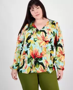 Плюс сайз топ с длинным рукавом и принтом JM Collection, зеленый