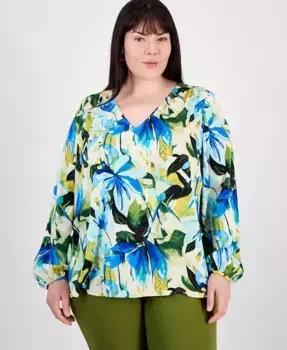 Плюс сайз топ с длинным рукавом и принтом JM Collection, слоновая кость/кремовый